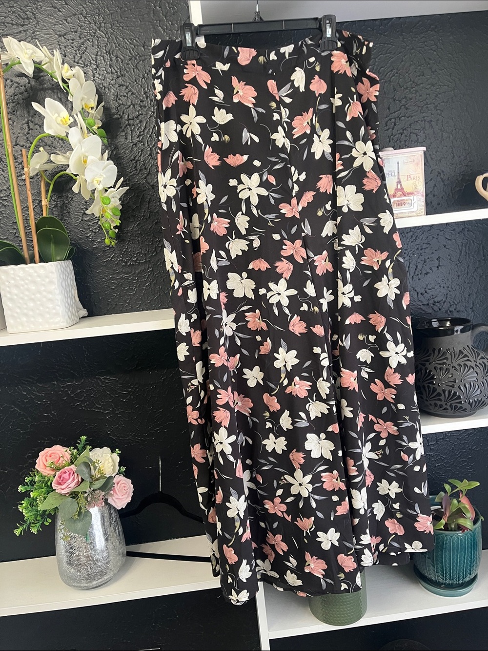 Black Wide Leg Floral Pants with Pink & White Flowers